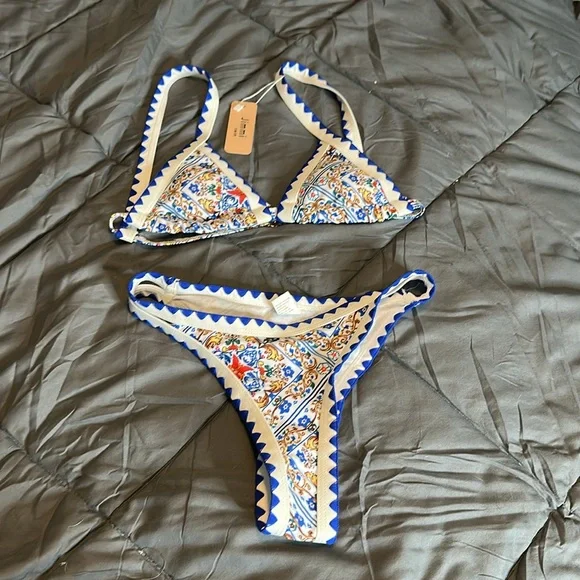 🆕 Jimmi Swim Blue unique sexy print TRIANGLE HIGH CUT MOSAIC BIKINI SET NWT S - Picture 14 of 15